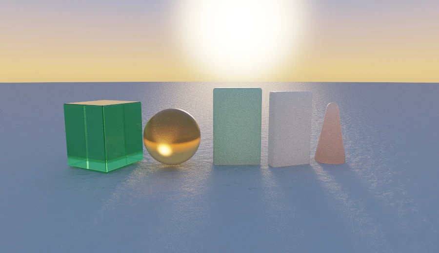 Coloured glass deepening towards its thick parts, beside a waxy solid that glows where the light passes through it.