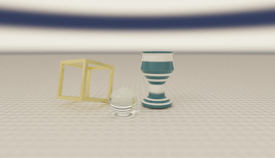 A hand-written box frame, a hand-written ring pattern on a pot, a hand-written weave on the floor and a hand-written sky, with a glass sphere in front.