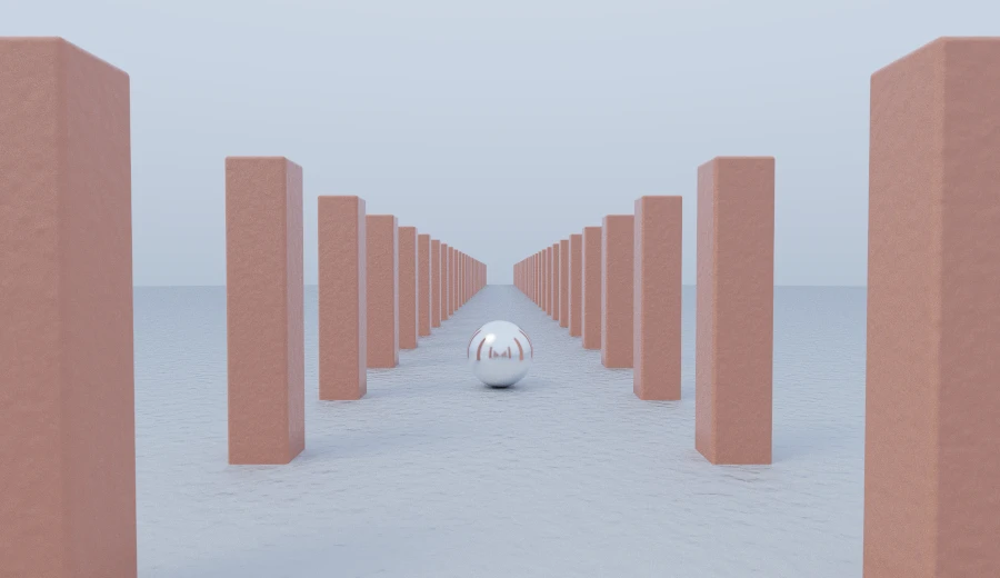 An avenue of terracotta columns marching off to the horizon in clear air, size the only cue to how far away any of them is.