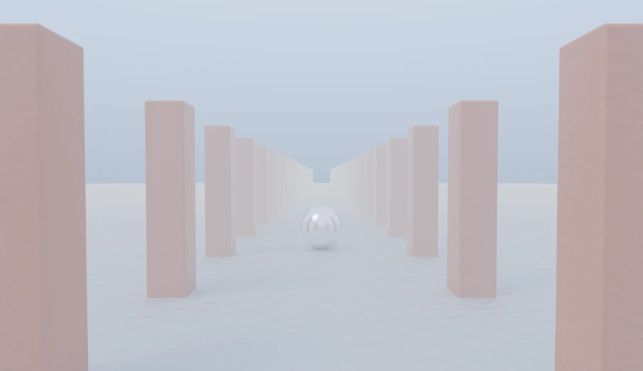 The same avenue with fog added: the far columns fade into the haze, so distance reads as colour rather than size.