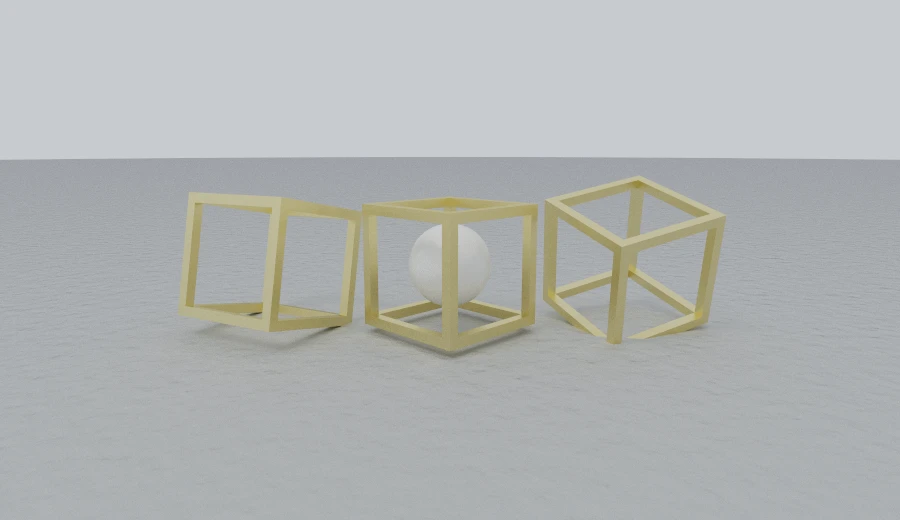 Three brass box frames — the twelve edges of a cube and nothing else — from a distance function the library has never heard of, one with a marble ball inside it.