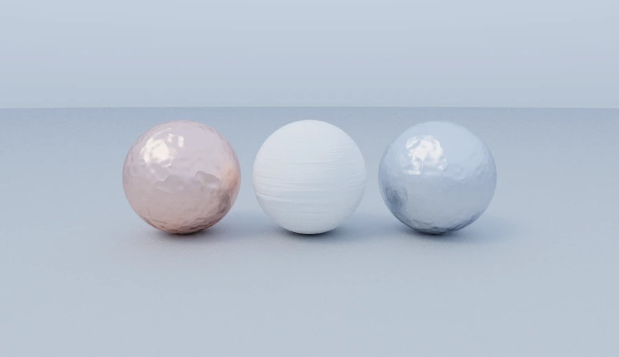 Four surfaces carrying the built-in height fields: a rippled floor, a ridged copper sphere, a noisy chalk one and a hammered metal one.