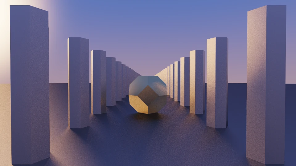 Two colonnades of pale hexagonal columns running off towards a low sun, with a gold gem between them, on a sixteen-by-nine canvas.