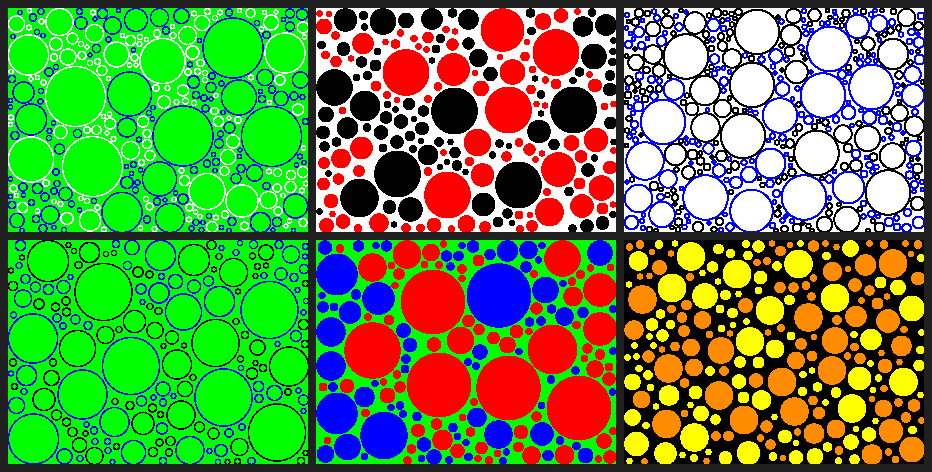 Six circle-packing compositions comparing outlines, filled circles and different combinations of the seven display colours
