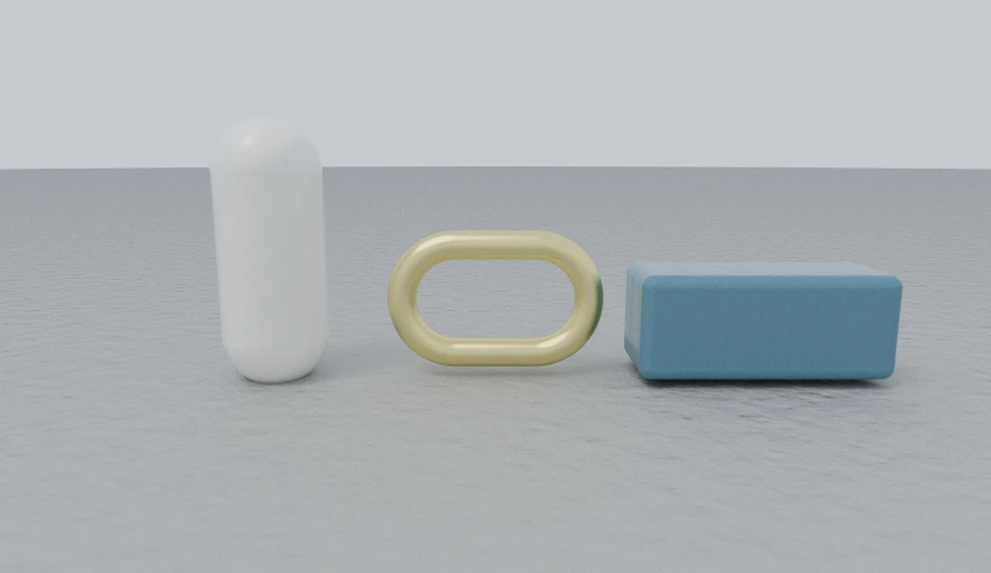 A sphere, a torus and a box each cut open at the origin and drawn apart, becoming a capsule, a chain link and a bar.