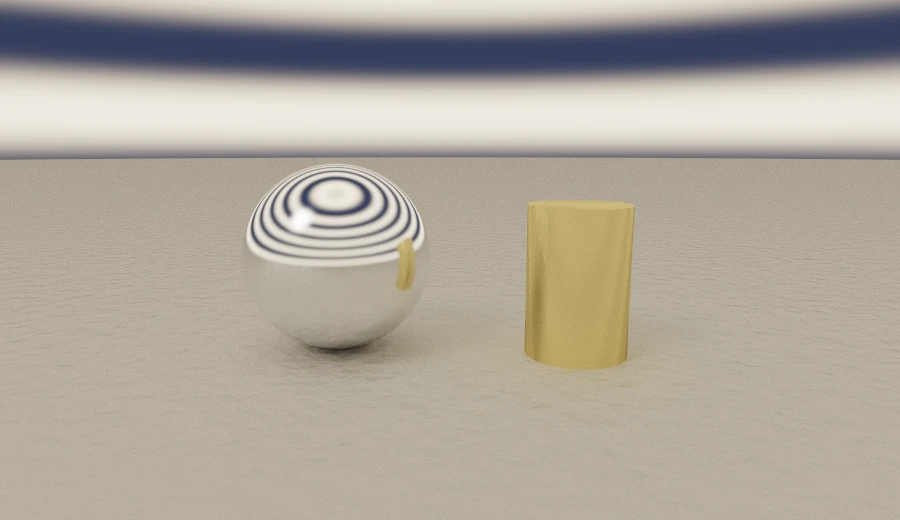 A chrome ball and a turned brass cylinder under a hand-written sky of thirty-four stacked bands of light.