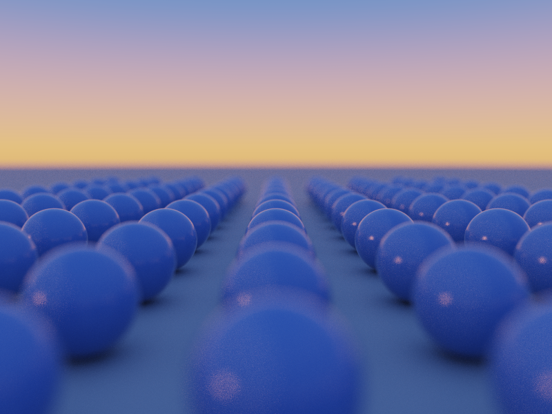 A grid of blue lacquered spheres on a concrete plane, receding to a sunset horizon