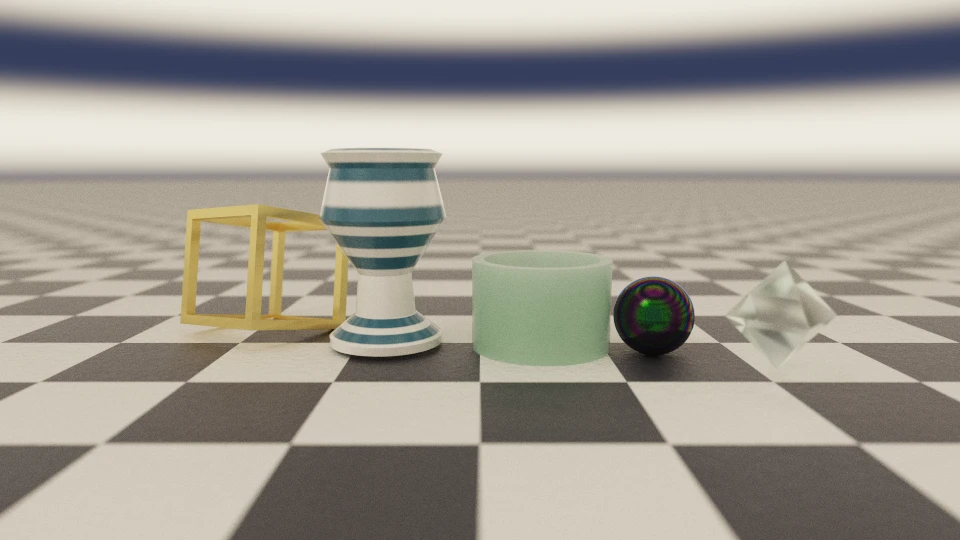 A wide finale: brushed brass, a ringed vase, a jade cup, an oil slick, a glass octahedron and a chequered floor under the slat rig.
