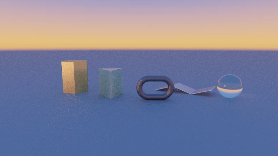 All five shapes again under a sunset with a shallow depth of field: hexagonal prism, triangular prism, chain link, folded plate and a glass sphere.