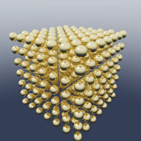 A seven-by-seven-by-seven block of gold spheres, all of it one repeated sphere.