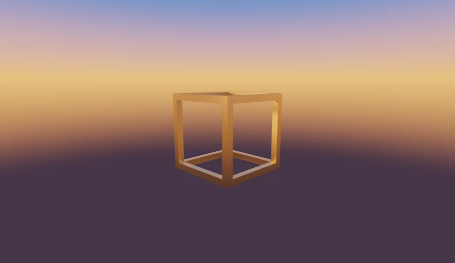 The same brass cube with three slabs subtracted from it, leaving only the frame of its edges.