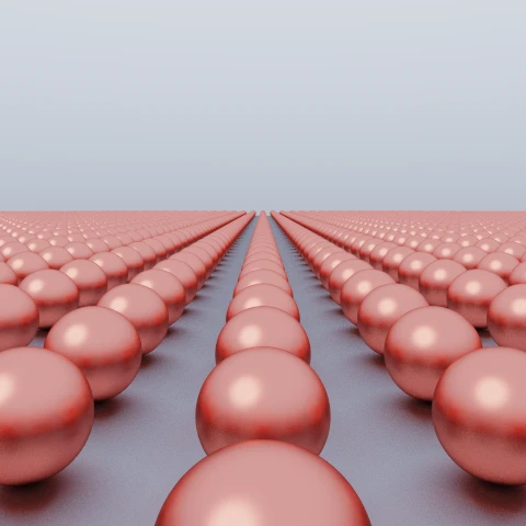 A lattice of red spheres tiled endlessly across x and z, fading out towards the horizon under an open sky.
