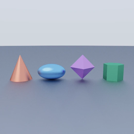 Four primitives on a floor: a red cone, a blue ellipsoid, a purple octahedron and a green hexagonal prism.