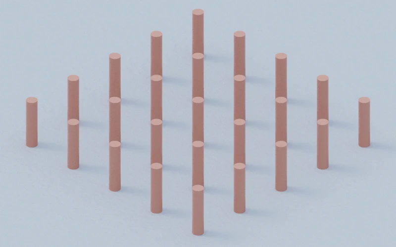 The same colonnade orthographic: the rays are parallel, so the rows do not converge and every column is drawn the same size.