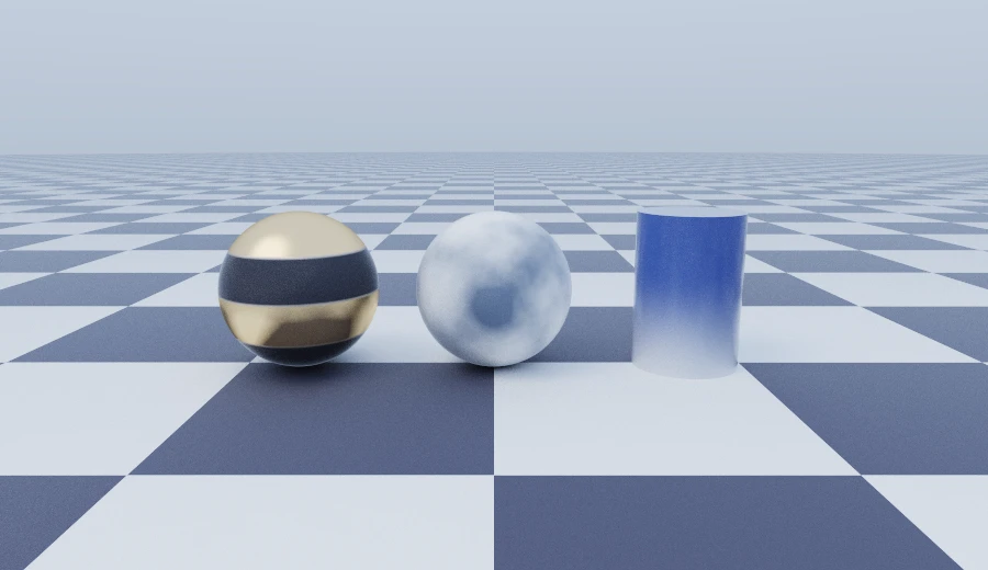 A chequered floor, a striped gold sphere, a mottled chalk sphere and a ceramic column with a colour ramp up it — the four built-in patterns at once.