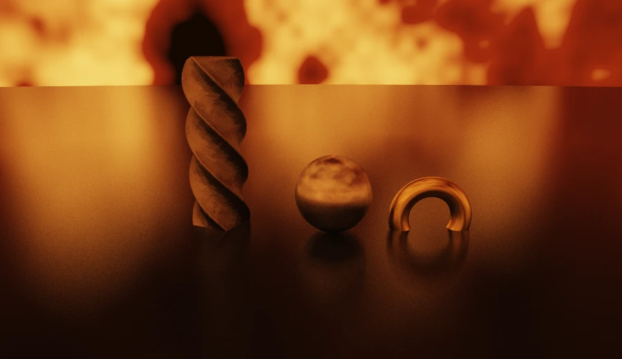 The same still life under the ember preset, where noise colours above 1 make the environment itself the light.