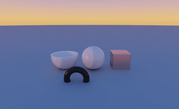 The same still life under the sunset preset, warm and low, with a band of haze along the horizon.