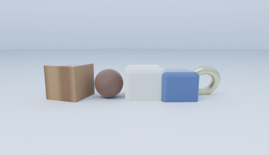 A row of the presets added over these releases, one object each, on a plain floor.