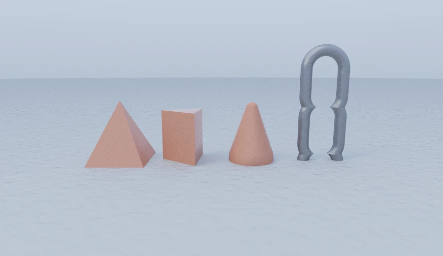 Four primitives added in 0.16: a pyramid, a triangular prism, a round cone and a chain of links.