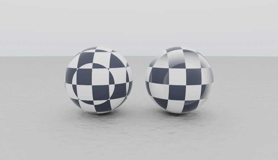 Two chalk spheres wearing the same chequer: on the left cut out of solid space, on the right laid along the surface by triplanar projection.