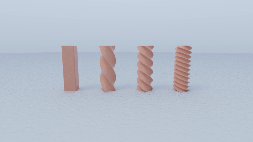 The same square column four times, each twisted about its own axis at a different rate, from barely turned to a tight spiral.